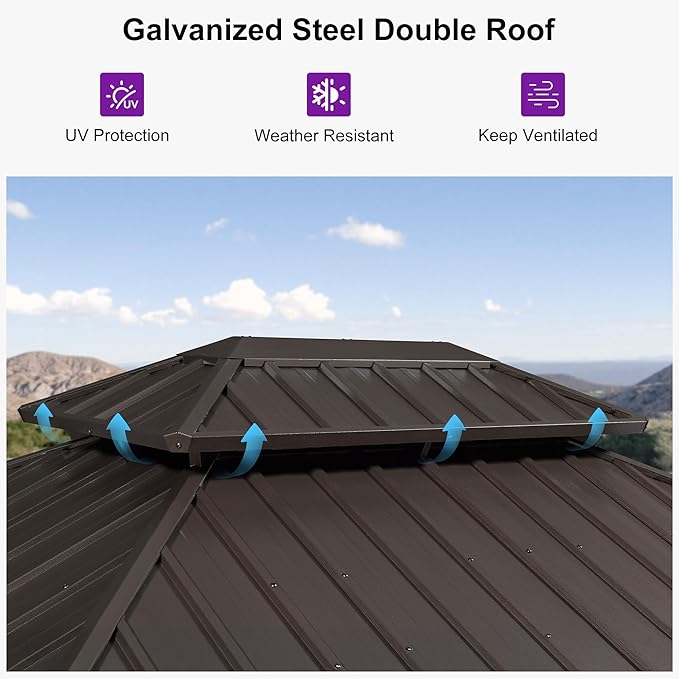 PURPLE LEAF 10’ X 12' Hardtop Gazebo Outdoor Metal Frame Galvanized Steel Double Roof with Curtains and Nettings for Patio Desk Backyard Bronze