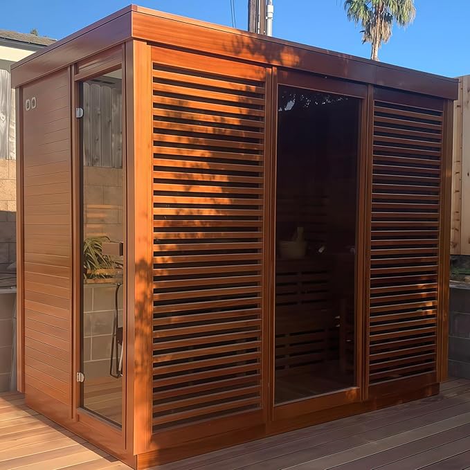 Customize Wood Burning Sauna 3-8 Person, Outdoor Red Cedar Steam Saunas, ETL Harvia Heater, Glass Wall Saunas, 220V, Rectangle Sauna Room with Backrest Headrest, Waterproofing System(0-195℉)