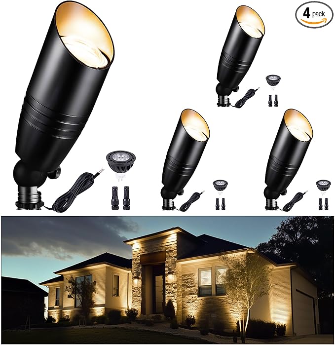 Black 12V Landscape Spotlight, LED Low Voltage Outdoor Light, Aluminum Uplight for Plant Fence Sign Outside Decoration with 5W MR16 Bulb 2700K 4 Pack