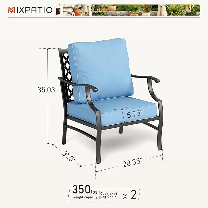 Patio Chairs Set of 2, High Back Outdoor Patio Metal Leg Chairs with 5.75" Thick Cushions for Bistro Balcony Porch Deck and Yard, Blue