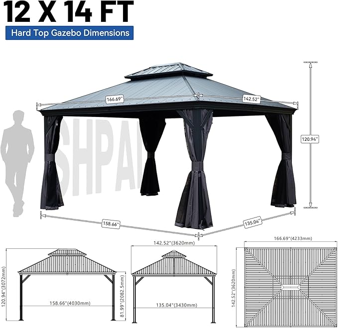 Outdoor Hardtop Gazebo for Patio 12x14FT with Resin-Galvanized Steel Roof, Metal Hard Top Gazebo with Gutters, Heavy Duty Gazebos All Season with Curtains & Netting, for Deck, Backyard, Hot Tub