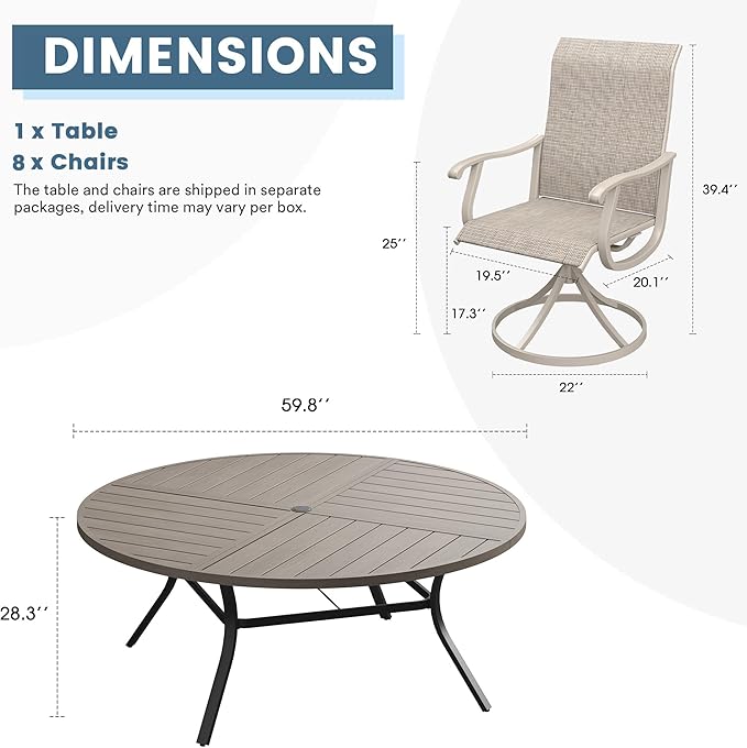 DIFY 9 Pieces Outdoor Patio Dining Set, 8 Sandshell Textilene Swivel Dining Chairs and 59.8" Grey Wood-Like Round Metal Dining Table, Outdoor Table and Chairs