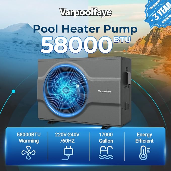 58000 BTU Inverter Swimming Pool Heat Pump, 17000 Gallon Electric Pool Heater Above and Inground Pool,WiFi App Control, Heating or Cooling Pool Heater 220V/60Hz