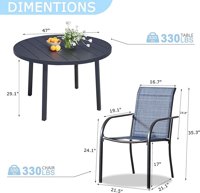 7 Pieces Round Dining Table Set for 6, Patio Dining Set Includes 6 Blue Stackable Patio Chairs and 1 Black Round Table Set of 6, Patio Furniture Sets with Sling Support for Outside, Garden