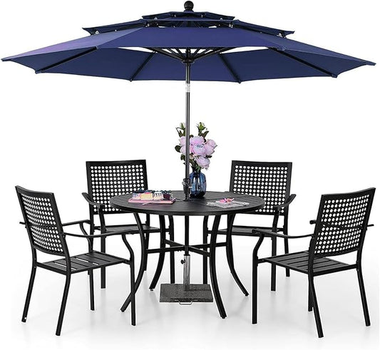 PHI VILLA 5 Pieces Patio Dining Set with 10ft Patio Umbrella, Metal Patio Circle Table Outdoor Stackable Wrought Iron Chair Set of 4 & 42" Large Round Dining Table,3 Tier Vented Dark Blue Umbrella