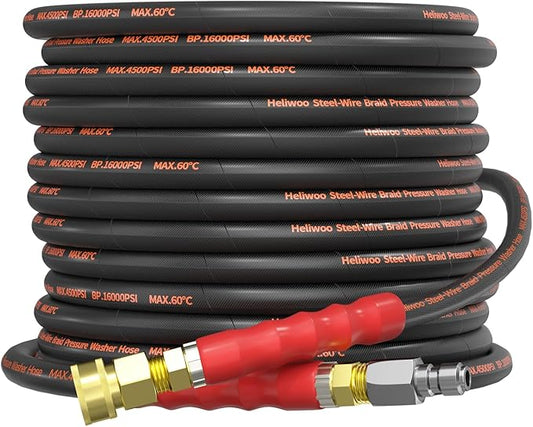 5/16" Pressure Washer Hose 50 FT, Hot and Cold Water Power Washer Hose Max 140°F, Commercial Industrial Grade Steel Wire Braided Kink Proof Extension Hose with 3/8 Quick Connect 4500 PSI