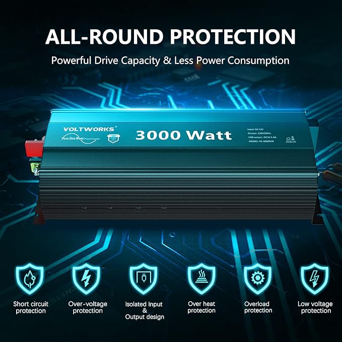 3000Watt Pure Sine Wave Inverter 12V DC to 110V 120V AC with UL Fuses 3000W Power Inverter for Home RV Truck Off-Grid Solar with AC Hardwire 30A Compatible with Lithium Battery VOLTWORKS