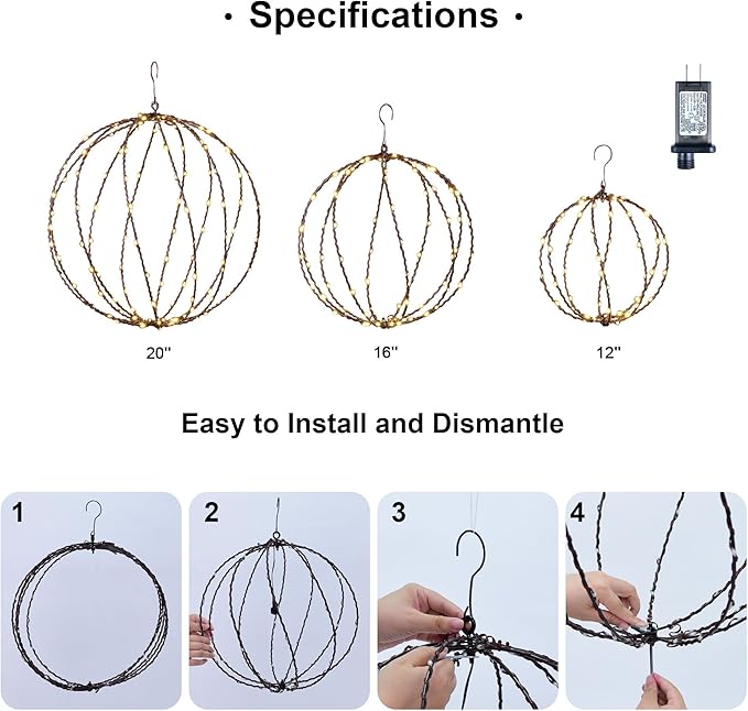LIGHTSHARE 248LED 12IN+16IN+20IN Light Ball Yard Decoration Pathway Lights Brown Sphere Light Fold Flat Metal Frame Indoor Outdoor Waterproof Garden Lights, Plug in(Set of 3)
