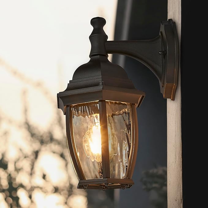 Maxxima Outdoor Wall Light with Clear Water Glass, Patio or Porch Sconce Fixture, Ideal for Exterior Decor Lighting, Black, E26 Socket, Bulb Not Included