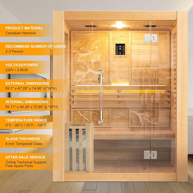 Smartmak Wood Home Steam Sauna, 3 Person Canadian Hemlock Traditional Luxurious Wooden Indoor Spa Room, with 3.5 kw Heater, Bluetooth Speaker, Rocks, Water Bucket, Spoon, Lights, US Instock