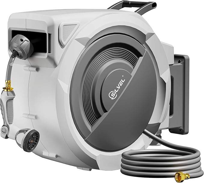 SILVEL Retractable Garden Hose Reel – 1/2 in x 150FT Heavy Duty Automatic Hose Reel Wall Mounted, Upgraded UV Resistant with 10 Pattern Nozzle, Any Length Lock & Slow Return System, 180°Swivel Bracket
