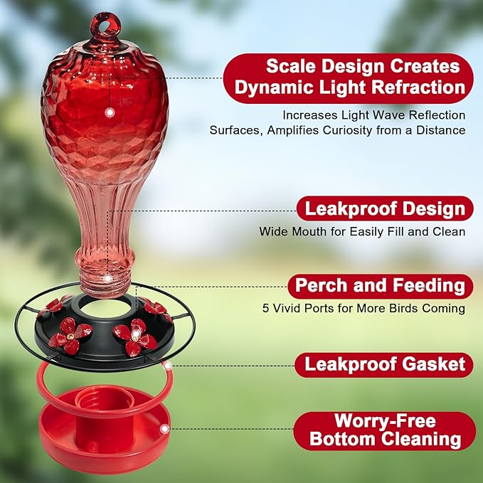 Hummingbird Feeder, Hand Blown Glass Hummingbird Feeders for Outdoors Hanging with Ant Moat, 5 Feeding Ports, Leak-Proof, 20 Ounces, Never Fade Garden Backyard Decoration, Gift for Mom Dad