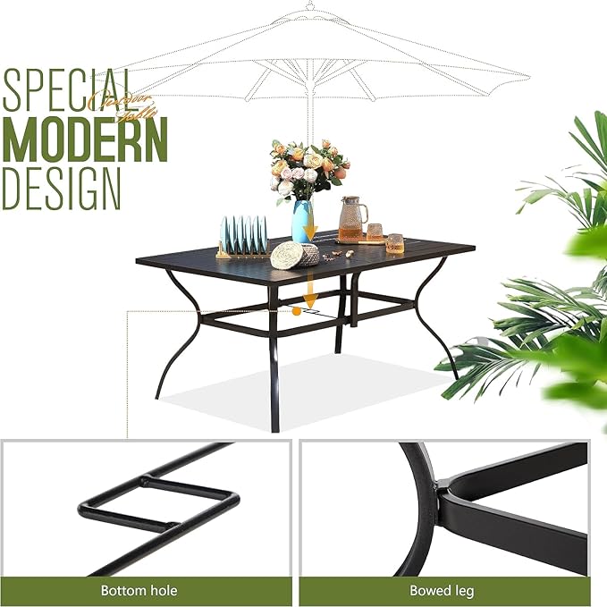 PHI VILLA Patio Dining Set 8 PCS with 13ft Double-Sided Patio Umbrella(Orange Red)，Metal Outdoor Dining Set - 6 x Outdoor Stackable Chairs, 1 x 60"x38"Rectangle Dining Table and 1 Umbrella