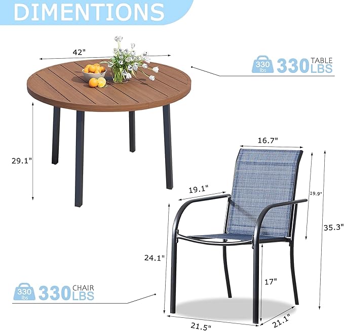 5 Pieces Round Dining Table Set for 4, Patio Dining Set Includes 4 Blue Stackable Patio Chairs and 1 Walnut Round Table, Patio Furniture Sets with Sling Support for Outside, Garden