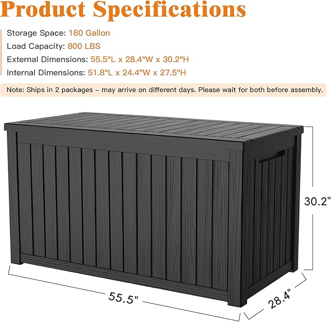 Outdoor Storage Box - Lockable Waterproof UV-Resistant Resin Deck Box for Patio Cushions, Pool Accessories (Black, 180 Gallon)
