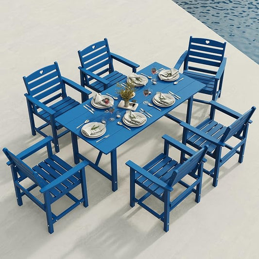 Patio Table and Chairs Set with Umbrella Hole, HDPE Patio Dining Set for 6, Outdoor Dining Set for Lawn, Patio, Porch, Deck, Poolside, Yard (Classic Blue, 7-Piece)