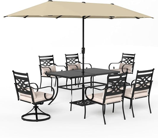 Sophia & William Patio Dining Set for 6 | 13ft Patio Umbrella Beige | 4 Fixed Chairs | 2 Swivel Patio Dining Chairs | Removable Seat Cushions | Black 59" Patio Dining Table