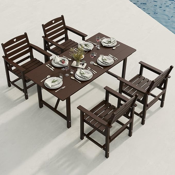 Patio Table and Chairs Set with Umbrella Hole, HDPE Patio Dining Set for 4, Outdoor Dining Set for Lawn, Patio, Porch, Deck, Poolside, Yard (Mahogany, 5-Piece)