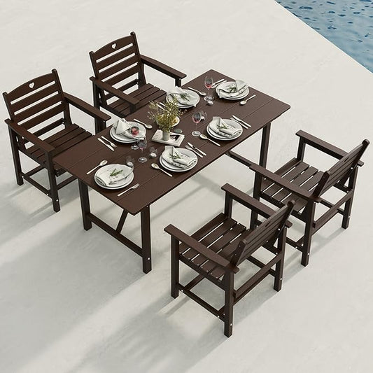 Patio Table and Chairs Set with Umbrella Hole, HDPE Patio Dining Set for 4, Outdoor Dining Set for Lawn, Patio, Porch, Deck, Poolside, Yard (Mahogany, 5-Piece)