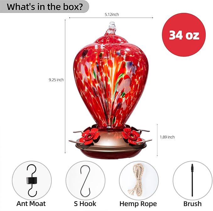 2 Packs Hummingbird Feeder for Outdoors Hanging, 34OZ & 32OZ Hand Blown Glass Hummingbird Feeders for Outside, Red & Teal