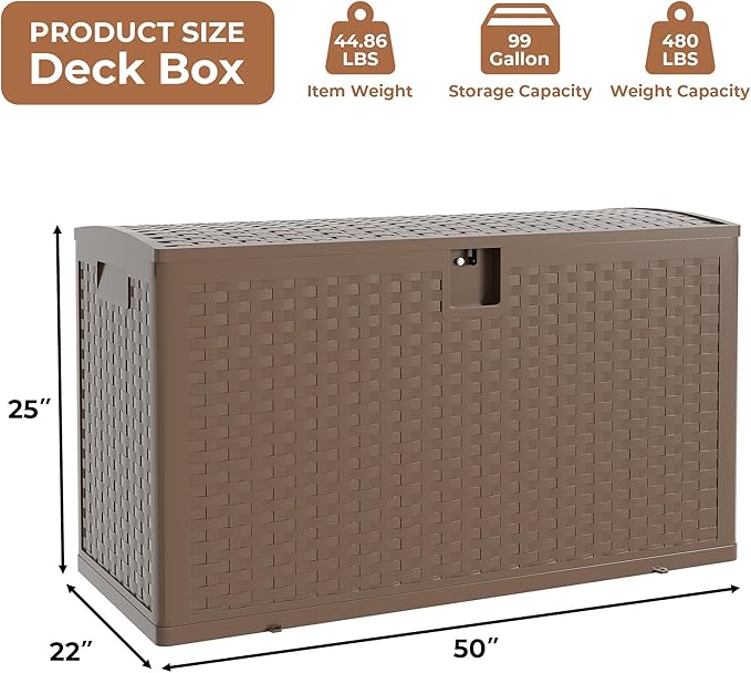 99 Gallon Outdoor Storage Box, Lockable Resin Deck Box Indoor and Outdoor Use, Waterproof Patio Deck Storage Box For Package Delivery, Furniture Cushions, Garden Tools, Pool Accessories