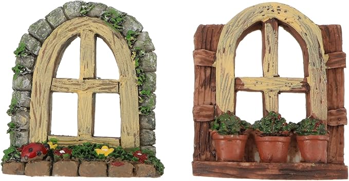 DOITOOL 2Pcs Miniature Fairy Garden Window,Artificial Window Ornament Miniature Fairy Doors Gnome Home Decoration,Resin Landscape Yard Art Garden Sculpture Fish Tank Decoration