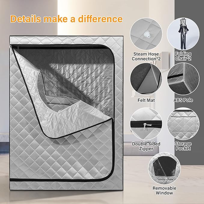 Gollense Portable Sauna for Home 2 Person Steam Tent with 2 Folding Chairs, Full Size Large Foldable Indoor Steam Box for Relaxation, Steamer NOT Included, Sliver