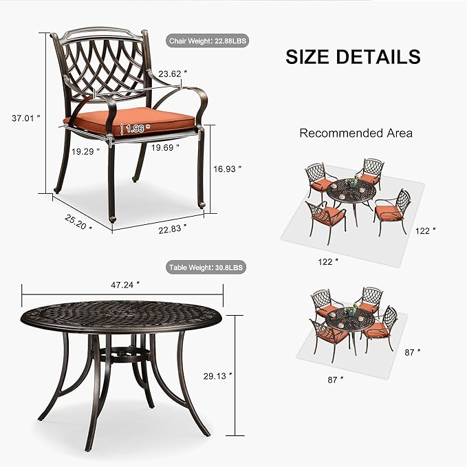PURPLE LEAF Patio Dining Set Cast Aluminum 5-Piece Patio Furniture Set with 4 Dining Armchairs and 47" Round Table, 4 Cushions Included, for Lawn Yard Garden, Rhombic Brick Red Outdoor Dining Set