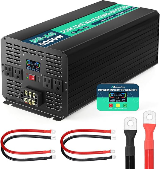 5000W Pure Sine Wave Power Inverter 12V DC to 110V AC with Wireless Remote Control LCD Display 1 USB Port, 4 AC Outlets, 1 Terminal Blocks for RV Truck Cabin Off Grid