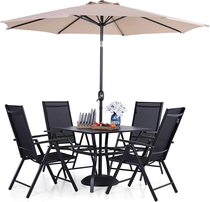 PHI VILLA Outdoor Patio Dining Set for 4 with 9 FT Patio Umbrella, Patio Table and Chairs Set with Adjustable Patio Folding Chairs & Outdoor Dining Table, Beige Umbrella (No Base)
