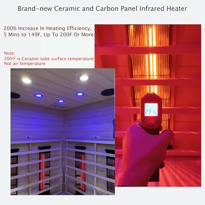 Ceramic Infrared Saunas for Home, 2-3 Person Infrared Sauna, Low EMF Indoor Sauna, Home Sauna, Hemlock Wooden Sauna Room with Bluetooth Speakers, Reading Lamps, Chromotherapy Lights