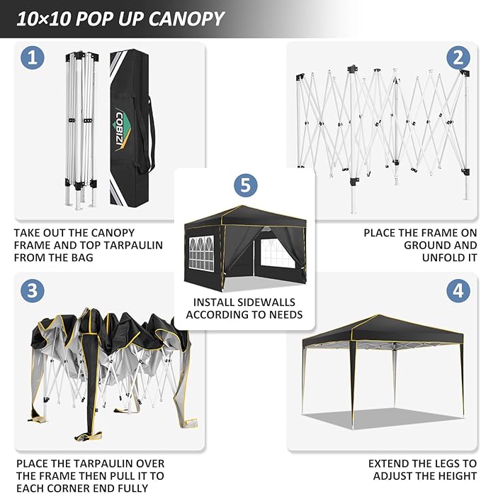 COBIZI 10x10 Pop Up Canopy with 4 Sidewalls and 4 Sandbags UV Protection 50+ Camping Commercial Wedding Portable Tent for Backyard, Black