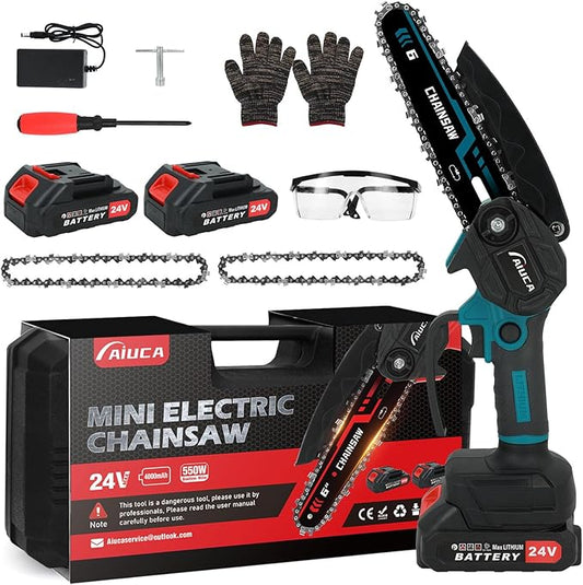 6-Inch Mini Chainsaw, Cordless Handheld Electric Chainsaw with 2x 24V 4000mAh Batteries & 2 Chains, Lightweight & Portable, for Tree Trimming, Wood Cutting, Gardening, Outdoor & Household Use (Blue)