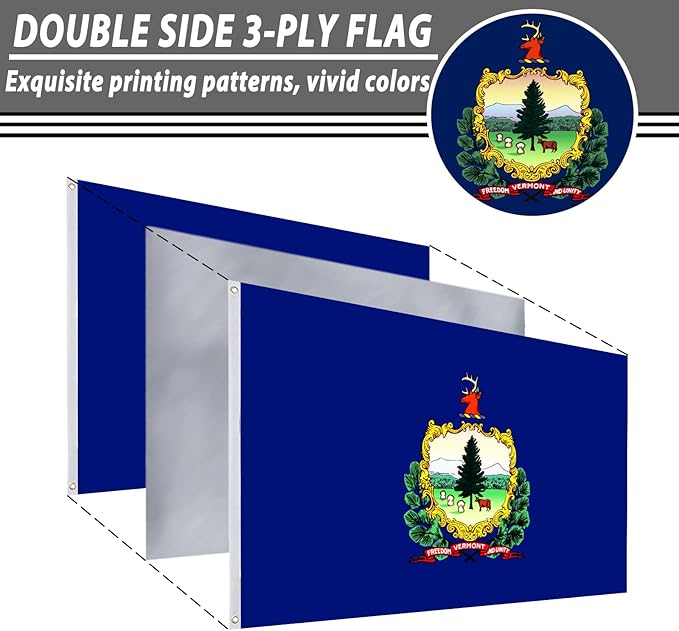 FLAGWIN Vermont Flag 3x5 FT - 3 Ply Double Sided Polyester Vermont State Flags with Brass Grommets - Vivid Color and Fade Proof State of Vermont Flag 3x5 Outdoor