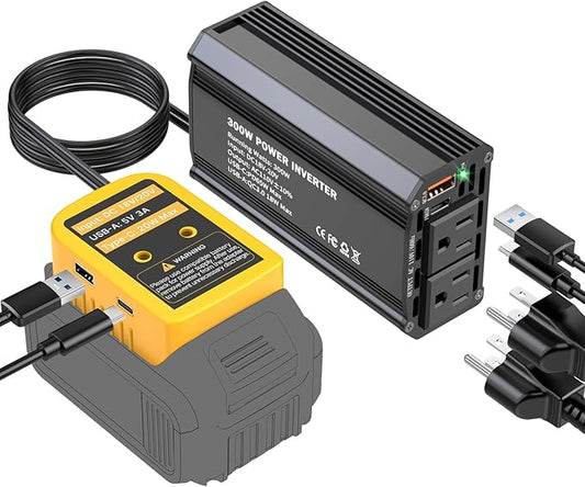300W Power Inverter Compatible with Dewalt 20V Battery, DC 20V to AC 110V Portable Power Station Generator with 2 AC Outlets & 1 Type-C PD 65W & 1 Type-C PD 20W & 2 USB A 18W Max for Emergency Power