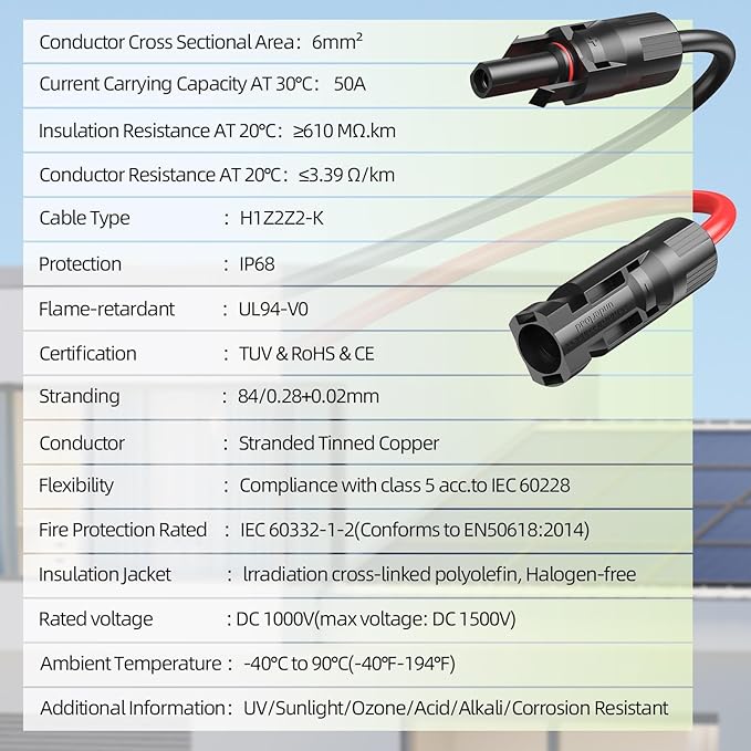 30FT 10AWG Solar Extension Cable, 10 Gauge Solar Panel Wire with Female and Male Connectors for Outdoor RV, Off-Grid Photovoltaic Systems (Black+Red)