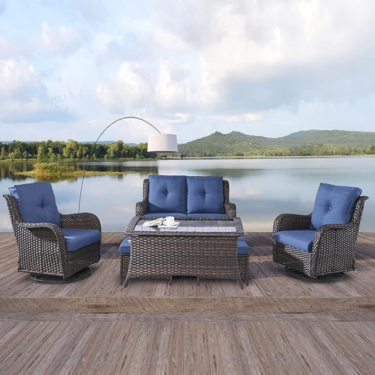 Rilyson 6 Piece Outdoor Patio Furniture Set - Rattan Wicker Patio Conversation Sets with 2 Swivel Rocker Chairs,2 Ottomans,1 Loveseat and 1 Coffee Table for Outside Porch Deck Backyard(Brown/Blue)