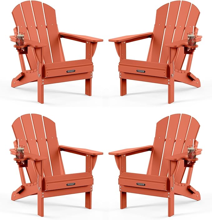MUCHENGHY Folding Adirondack Chairs Set of 4, Patio Chairs, Lawn Chairs, Outdoor Chair, Adirondack Chair Plastic, Fire Pit, Weather Resistant with Cup Holder for Deck, Backyard, Garden(Orange)