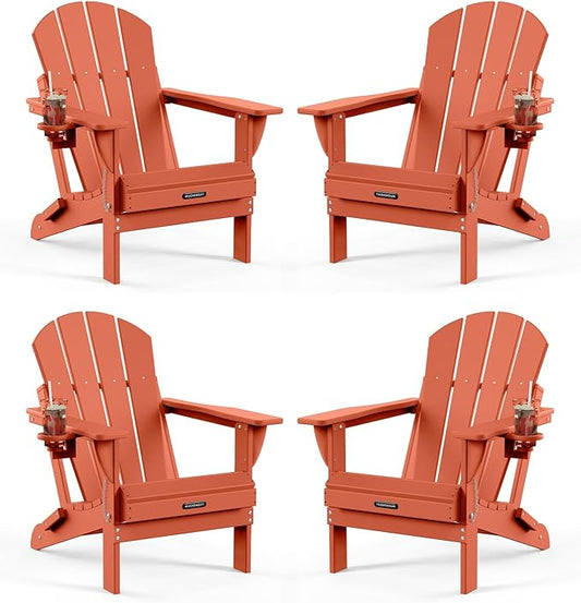 MUCHENGHY Folding Adirondack Chairs Set of 4, Patio Chairs, Lawn Chairs, Outdoor Chair, Adirondack Chair Plastic, Fire Pit, Weather Resistant with Cup Holder for Deck, Backyard, Garden(Orange)