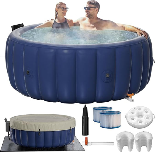 2-4 Person Inflatable Hot Tub - 73"x28" Round Portable Outdoor Spa with 146 Bubbling Jets & Smart Control,2 Contoured Headrest,Cup Holder and Cover, Blue