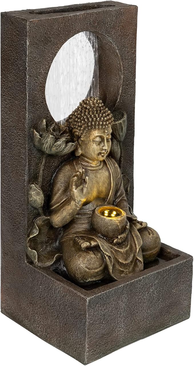 Ferrisland Buddha Waterfall Fountain Indoor & Outdoor, Freestanding Relaxing Water Fountain, Asian Zen Fengshui Patio Garden Backyard Decking Home Decor, Gift Ideas (Gold, 27.6" H)