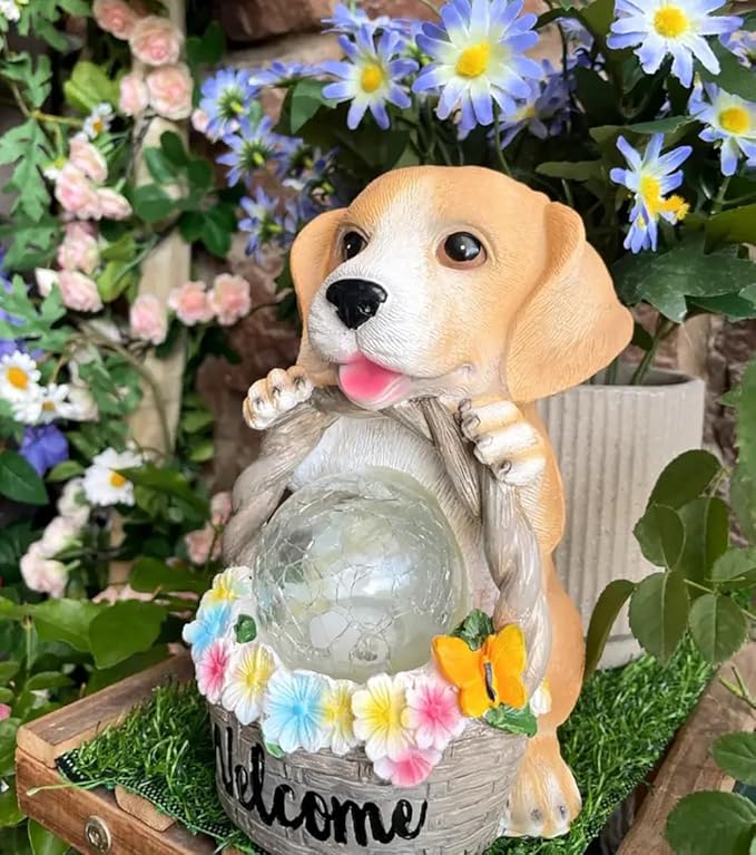 Solar Dog Statue for Outdoor Light Garden Yard Decor - Pupppy Figure for Decoration Gifts for Granpa Birthdays & Dog Lovers