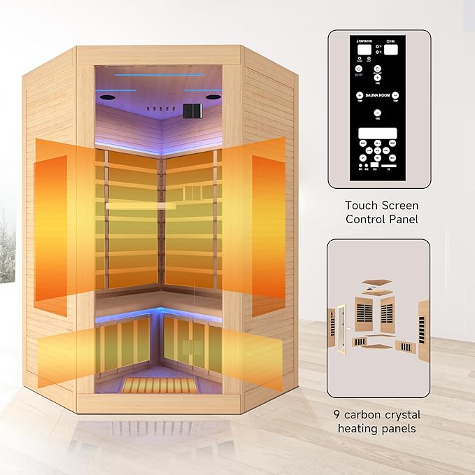 Sauna, Infrared Sauna 2 Person, 2 Person Sauna 9 Heating Plate 2180w Low EMF Room, Dry Sauna for Home, Wooden Sauna with 7-Color Therapeutic Lights and Bluetooth Speakers Room