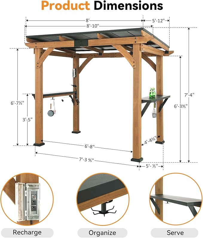 Modern Shade Grill Gazebo 6' X 8', Cedar Wood Gazebo with Shelves and Paper Towel Holder, Patio Pavilion with Galvanized Steel Roof, USB and USB-C Charging Ports for Patio Backyard