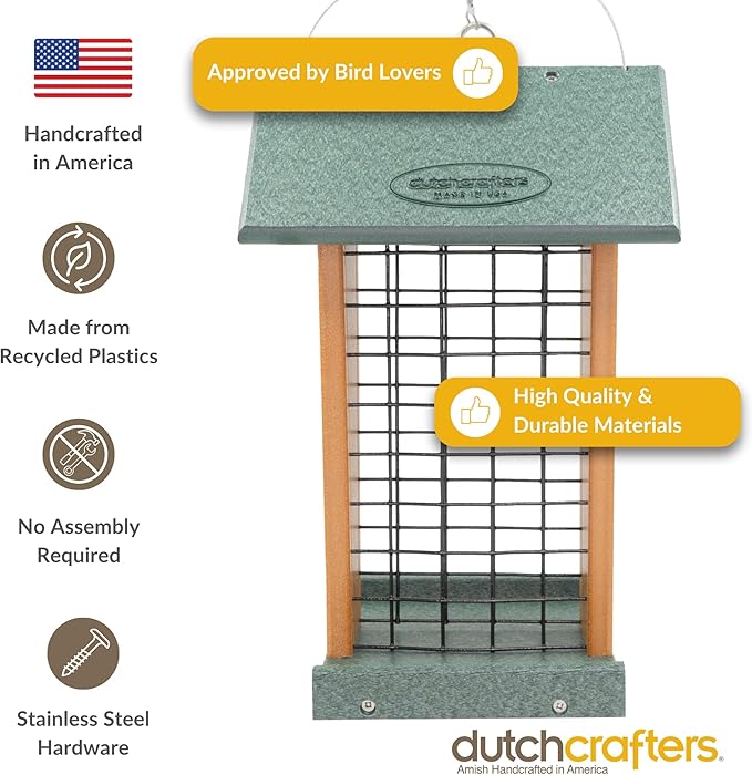DutchCrafters Plastic Poly Hanging Whole Peanut Bird Feeder for Large Birds, Woodpeckers, Crows, Blue Jays for Outdoor, Garden, Yard - USA Amish Made (Turf Green & Cedar)