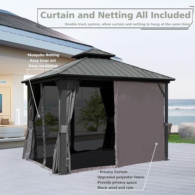 Domi Hardtop Gazebo 8x8FT, Aluminum Outdoor Gazebo with Galvanized Steel Double Roof Canopy, Curtains and Netting Included, Metal Gazebo Permanent Pavilion for Patio, Lawn, Garden, Gray