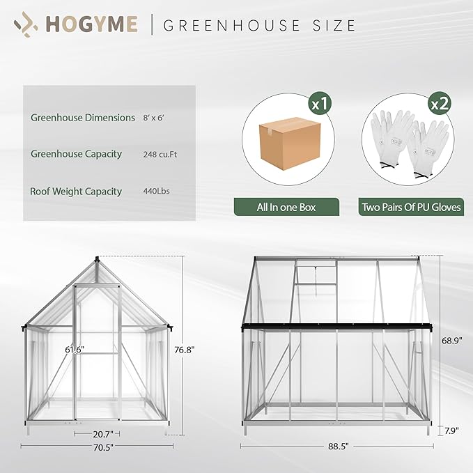 6x8 FT Greenhouse for Outdoors, Polycarbonate Green House with Quick Assembly Structure and Roof Vent, Large Aluminum Walk-in Green House for Outside Garden Backyard, Silver