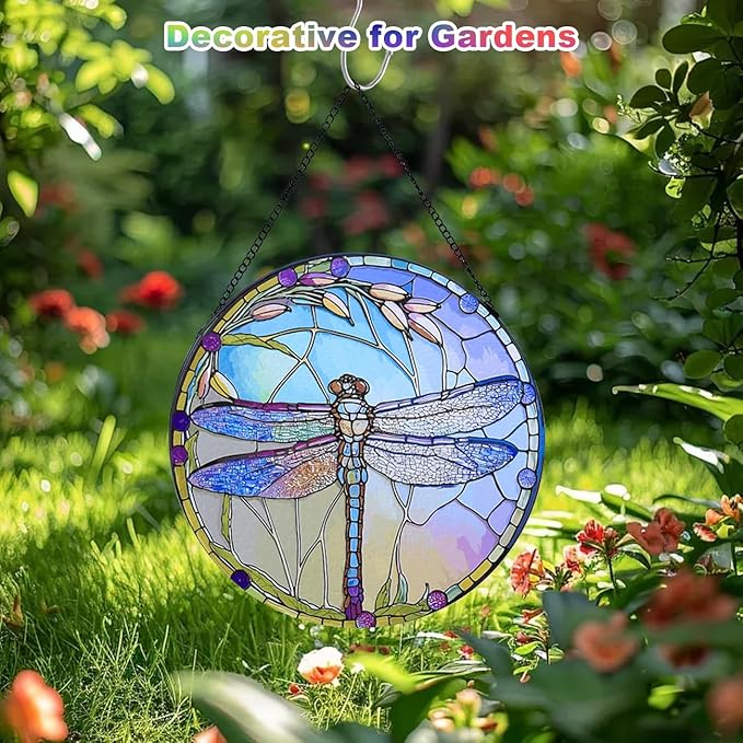 12 Inch Stained Glass Window Hanging, Large Dragonfly Suncatcher, Stained Glass Window Suncatcher, Dragonfly Home Wall Art Decor for Indoor/Outdoor, Hand Colorful Panel Sun Catcher, Gift for Mom