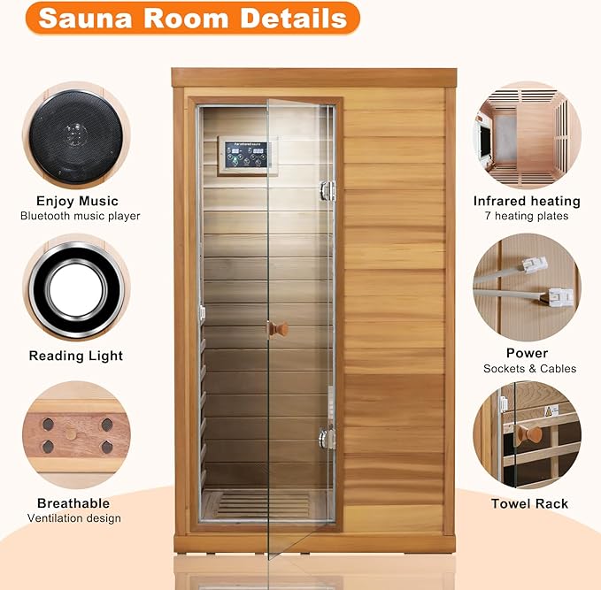 Infrared Sauna for Home, 1 Person Sauna Box, Low EMF 1050W/120V Indoor Sauna Spa with Control Panel & Bluetooth Speakers, LED Lamp, 63.42"x28.35"x62.60"