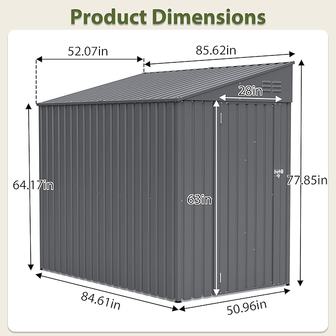 4x7 FT Lean to Shed with Single Lockable Side Door, Outdoor Metal Storage Shed, Sloping Roof Galvanized Utility Steel Tool Shed for Garden, Patio, Lawn & Backyard